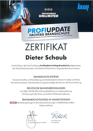 Zertifikat Knauf Profi Update Brandschutz – Schulung zu Brandschutzsystemen im Innenausbau