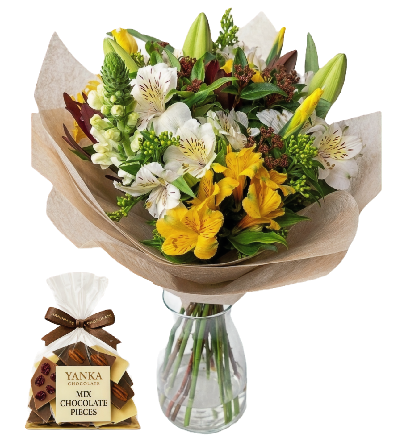 פרחים ושוקולד - זר פרחים טוסקניני בכלי זכוכית ושוקולד בוטיק