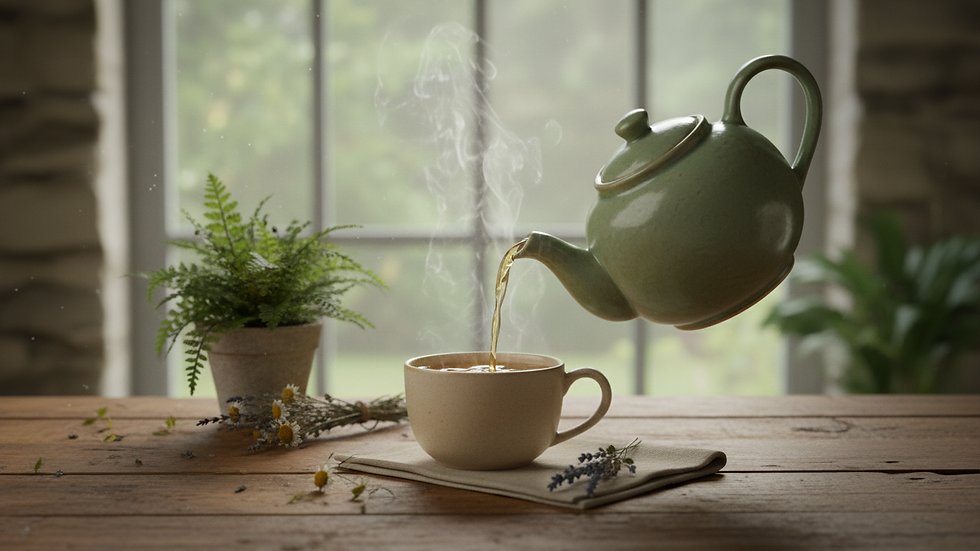 Eye-level view of a teapot pouring herbal tea into a cup on a cozy table