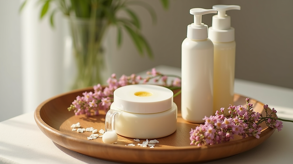 High angle view of a wooden tray with natural skincare products and fresh flowers