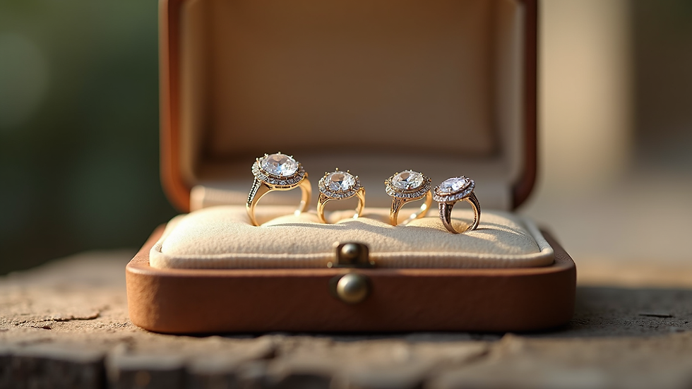 Eye-level view of a jewelry box with handcrafted crystal rings neatly arranged