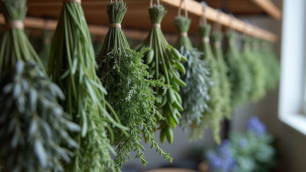 Eye-level view of herbal drying rack with hanging bundles of sage, thyme, and lavender