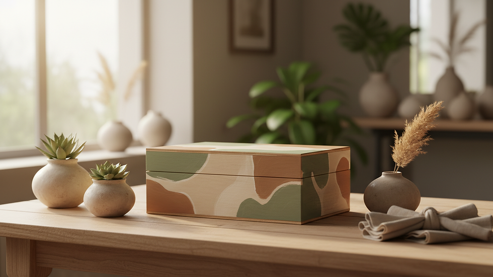 Eye-level view of a hand-painted gift box with colorful abstract designs