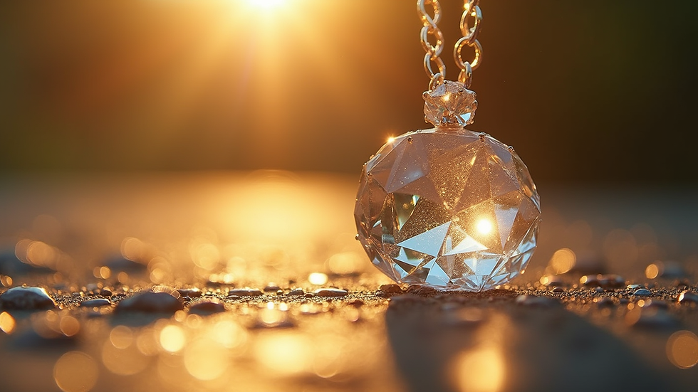 Close-up view of a sparkling handcrafted crystal pendant catching sunlight