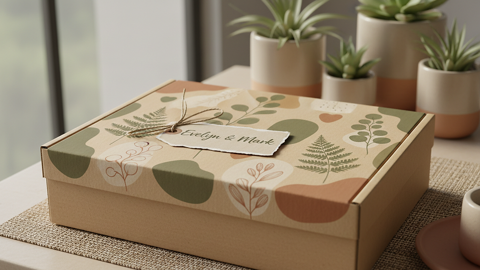 Close-up view of a personalized gift box with botanical prints and earthy tones