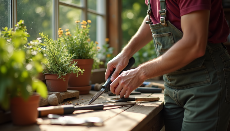 Eye-level view of a gardener organizing clean and sharpened tools on a wooden bench in a sunny garden shed