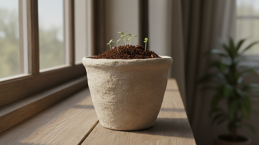 Eye-level view of a small pot with coffee grounds mixed into the soil