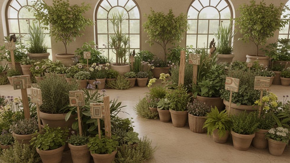 High angle view of a colorful garden with various plants and decorative stakes