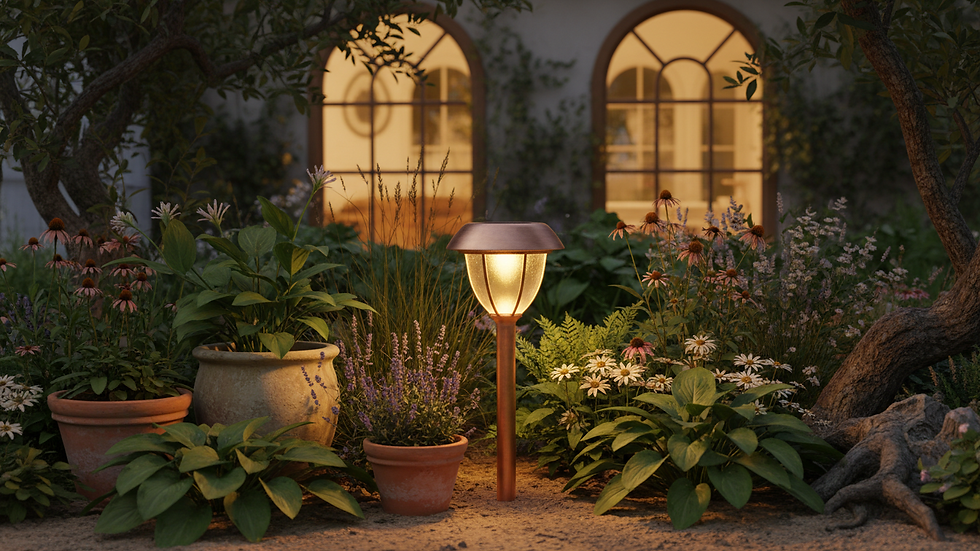 Eye-level view of a solar-powered garden light glowing in a flower bed at dusk
