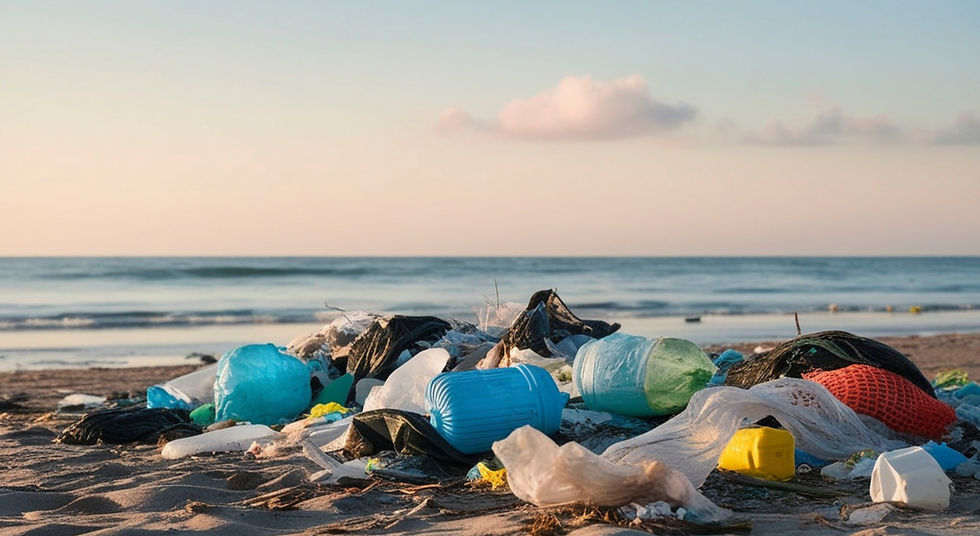 Trash scattered on a sandy beach at sunrise. Plastic bags and bottles are littered near the calm ocean, conveying pollution concerns.