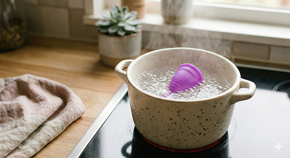 Diagram of a silicone menstrual cup highlighting the base and stem to explain safe removal and breaking the vacuum seal.