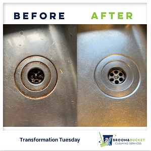 A before and after image of a dirty kitchen sink, which was sparkling clean when Broom and Bucket was finished cleaning it