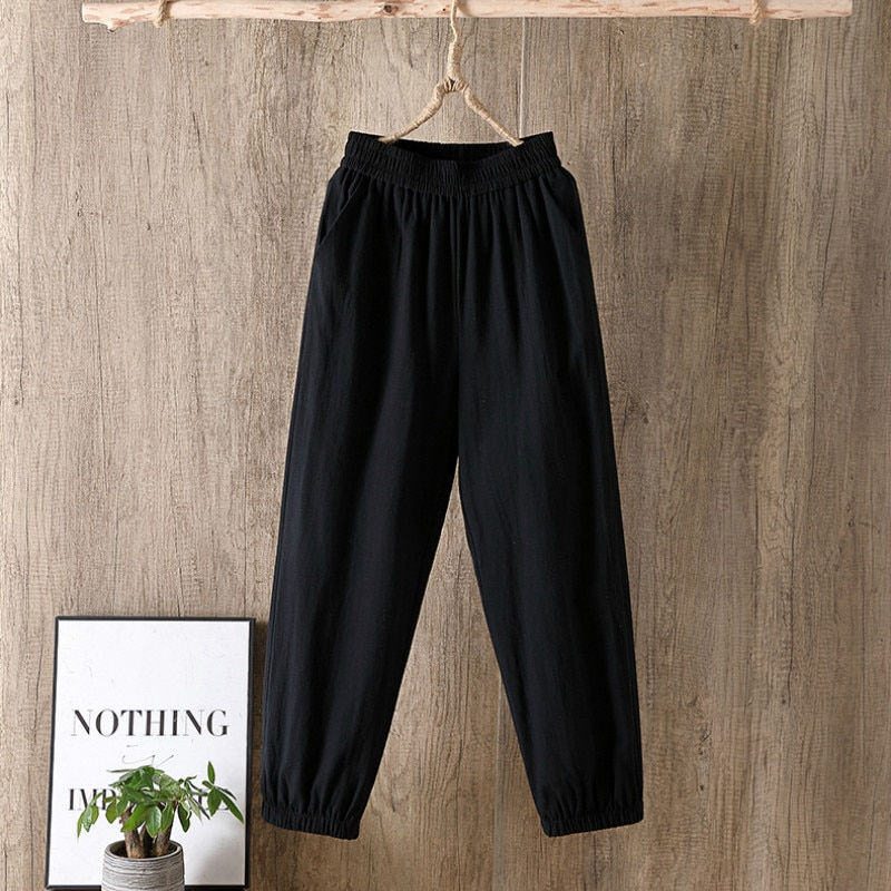Thumbnail: Cotton Linen Elastic Waist Solid Pockets Retro Loose Harem Pants Trousers