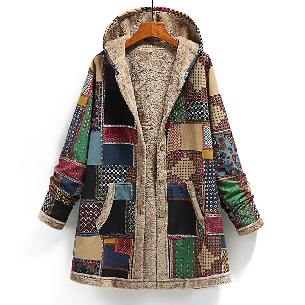 縮圖：Winter Vintage Women Printing Thick Fleece Hooded Long Jacket w Pocket