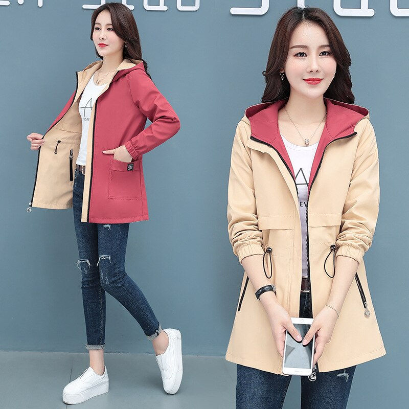 Miniature : Spring Autumn Loose Coat Double-sided Wear Trench Coat Mid-length Windbreaker