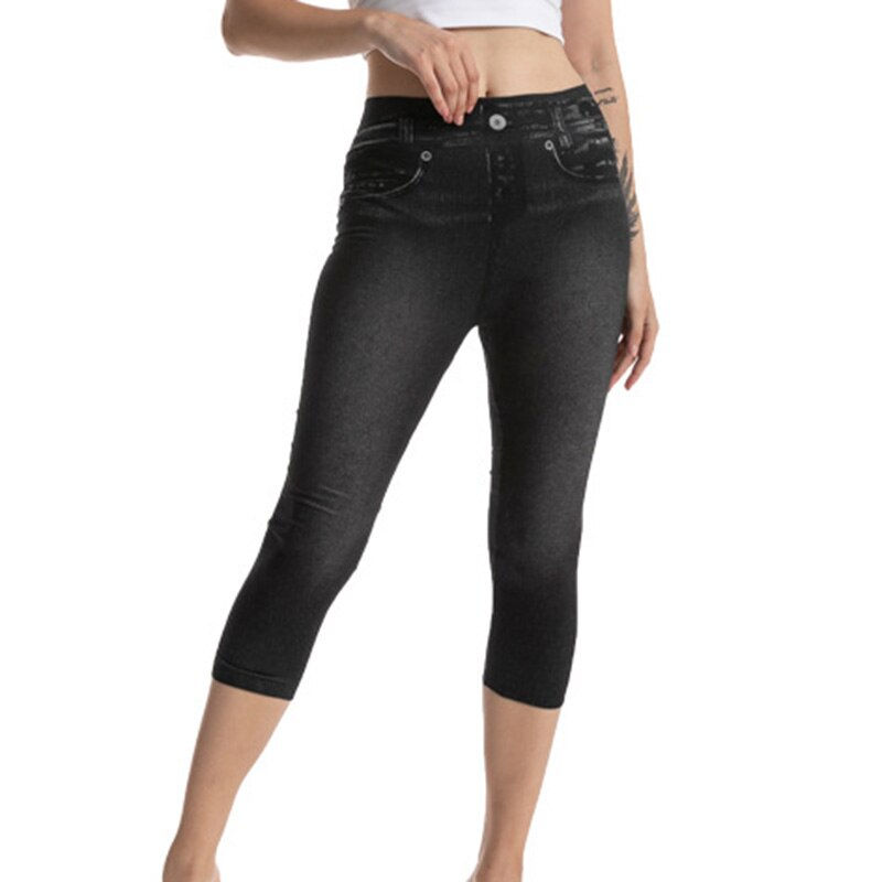 Miniature : High Waist Tights Capris Pockets Faux Jeans Slim Stretch Short Pencil Pants