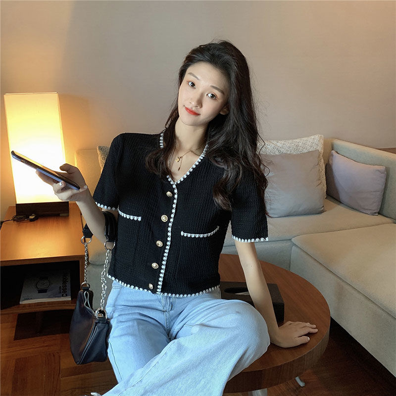 縮圖： Black Knitwear Short Sleeve Top Lady Cardigan Crop Top 