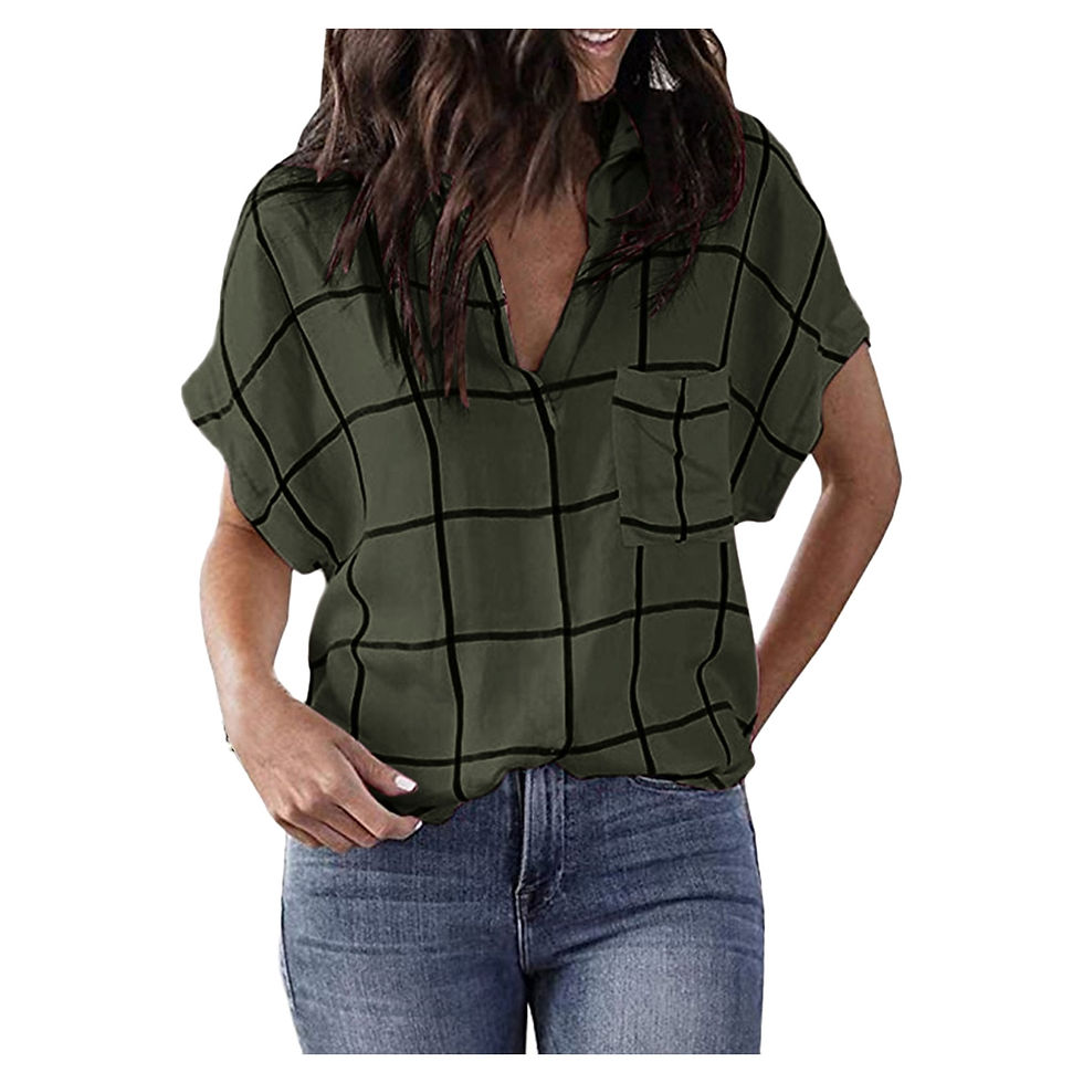 Thumbnail: Short Sleeve Shirts Loose Plaid Pocket V-Neck Shirts