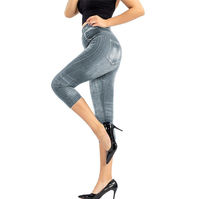 Miniature : High Waist Tights Capris Pockets Faux Jeans Slim Stretch Short Pencil Pants