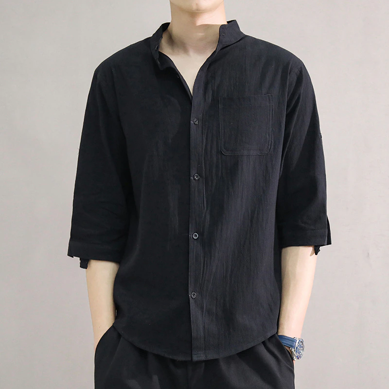 縮圖：Harajuku Cotton Soft Half Sleeve Stand Collar Button White Black Male Blouse
