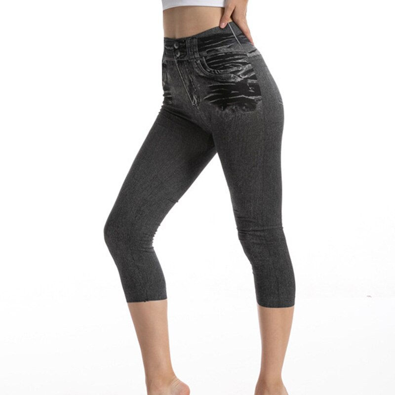Miniature : High Waist Tights Capris Pockets Faux Jeans Slim Stretch Short Pencil Pants