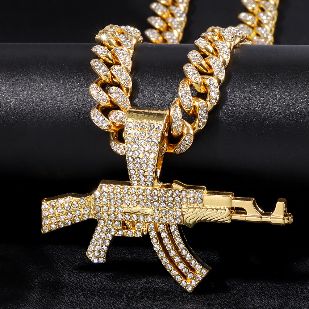 Hip Hop AK47 Gun Pendant Gold Silver Iced Out Crystal Cuban Link Chain Necklaces