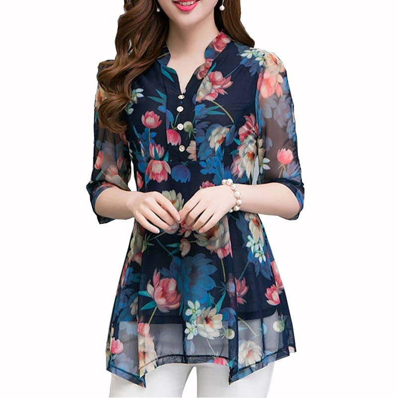 縮圖：Summer Floral Blouse Print Casual Female Plus Size 5XL V-neck
