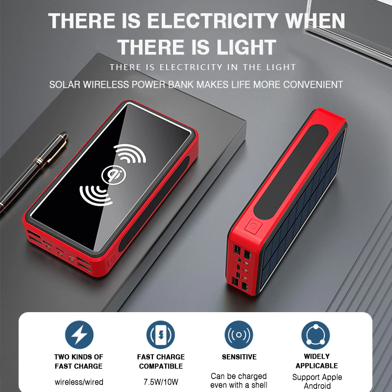 Thumbnail: 50000mAh Wireless Solar Power Bank 4USB For iPhone Samsung Huawei Xiaomi