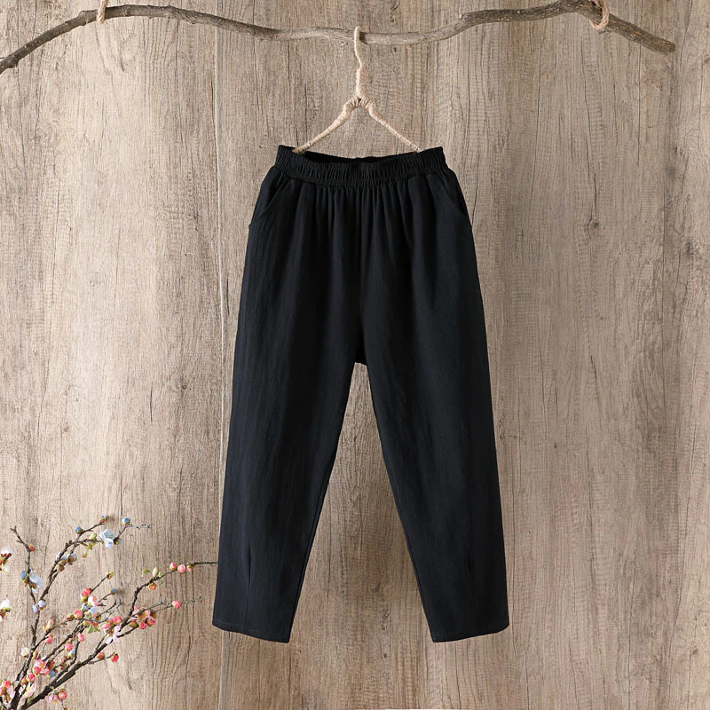 Thumbnail: Cotton Linen Pants Elastic Waist Loose Pants with Prockets