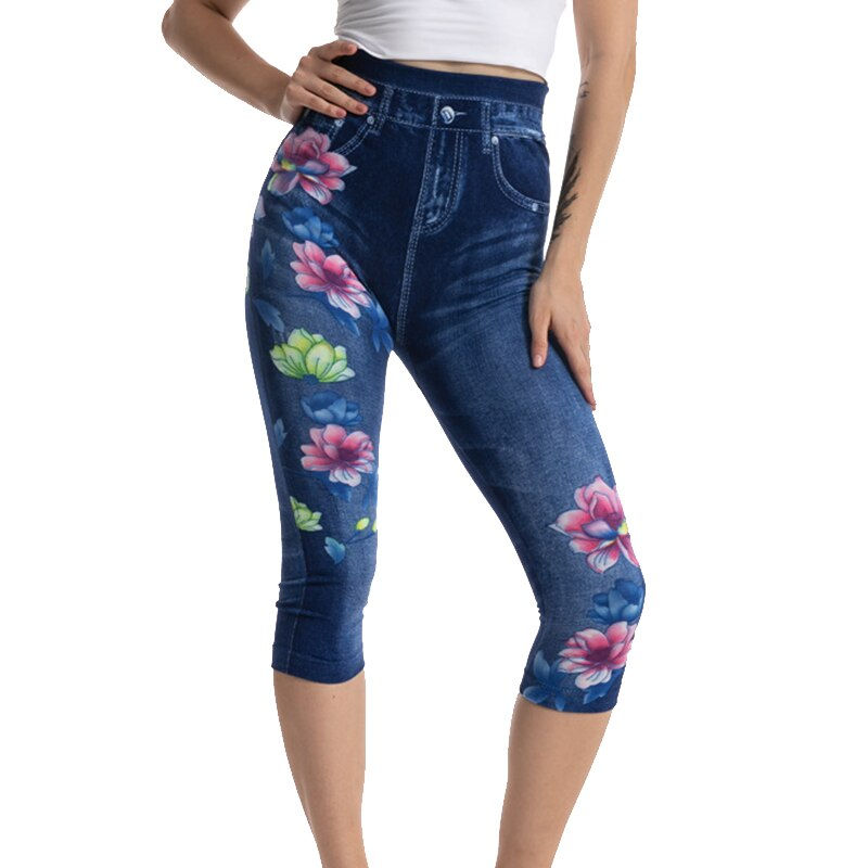 Miniature : High Waist Tights Capris Pockets Faux Jeans Slim Stretch Short Pencil Pants