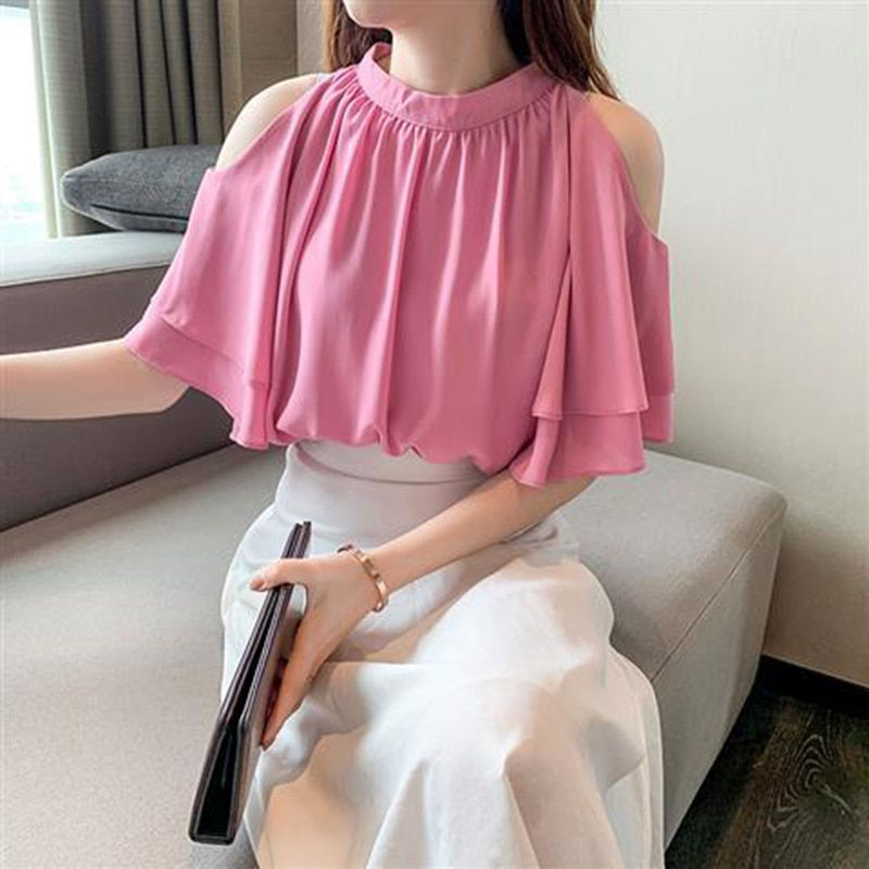 Miniature : Stand Collar Ruffles Oversized Loose Hollow Out Chiffon Blouse 