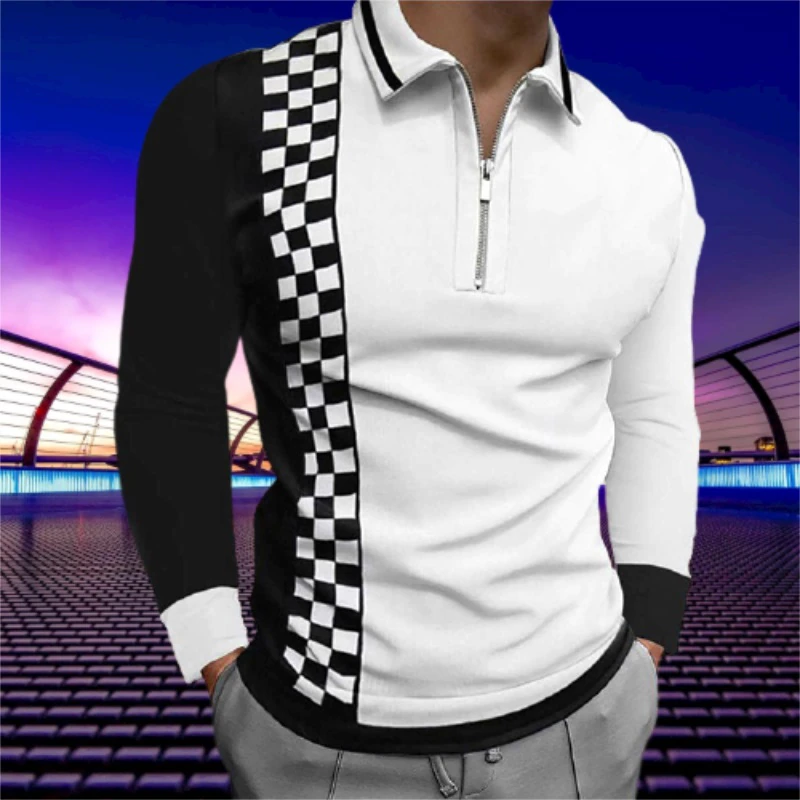 縮圖：Patchwork Striped Long Sleeve Tops Male Casual Zip-up Turn-down Collar Shirts 