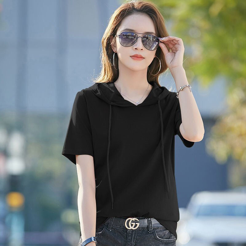 Thumbnail: 100% Cotton Hoodie Short Sleeve O Neck Woman T-shirt Korean Style
