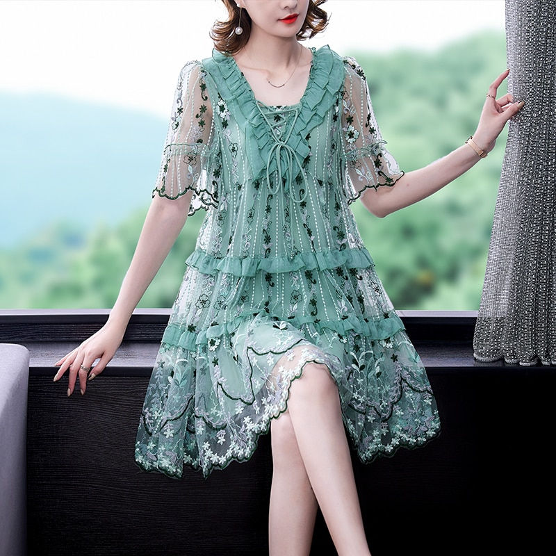 Embroidery Mesh Hollow Out Sexy Midi Dress Women Casual Dress