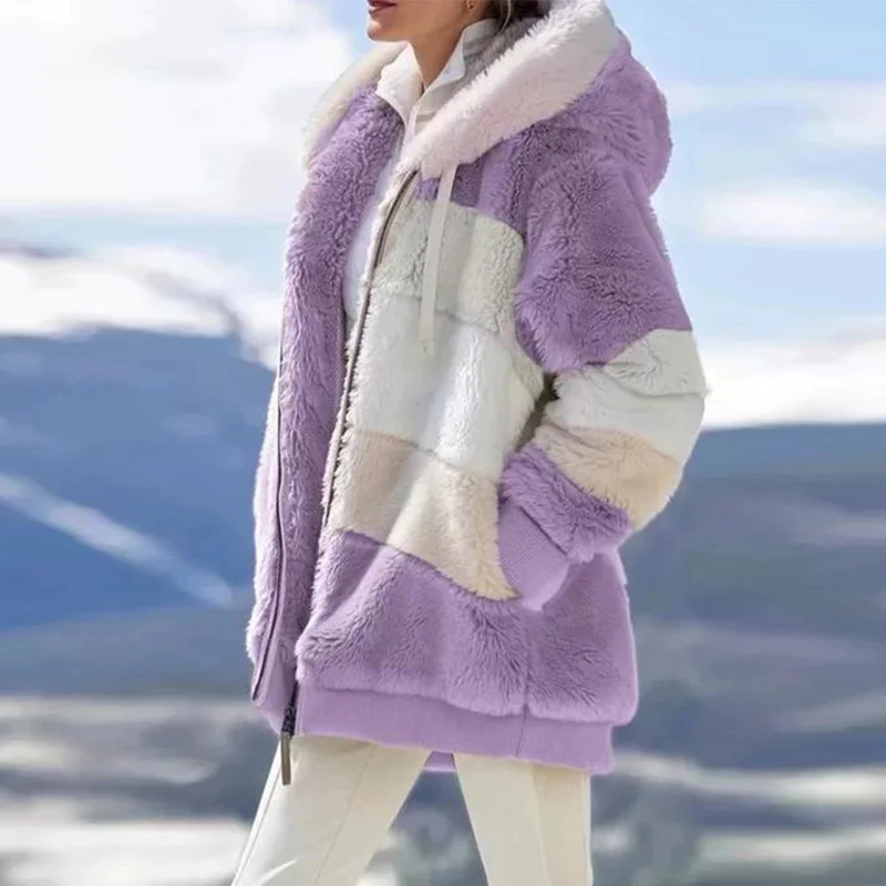 縮圖：Casual Stitching Plaid Clothes Hooded Zipper Lamb Hair Coat Korean
