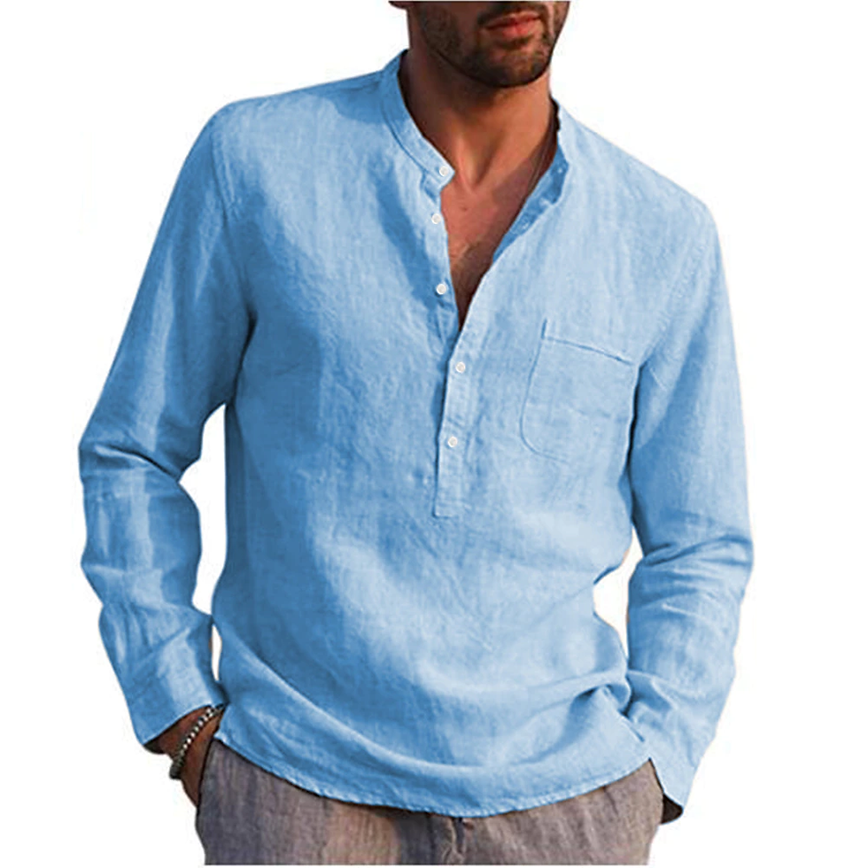 Miniature : Men's Long-Sleeved Shirts Summer Solid Color  Stand-Up Collar Casual Beach Style