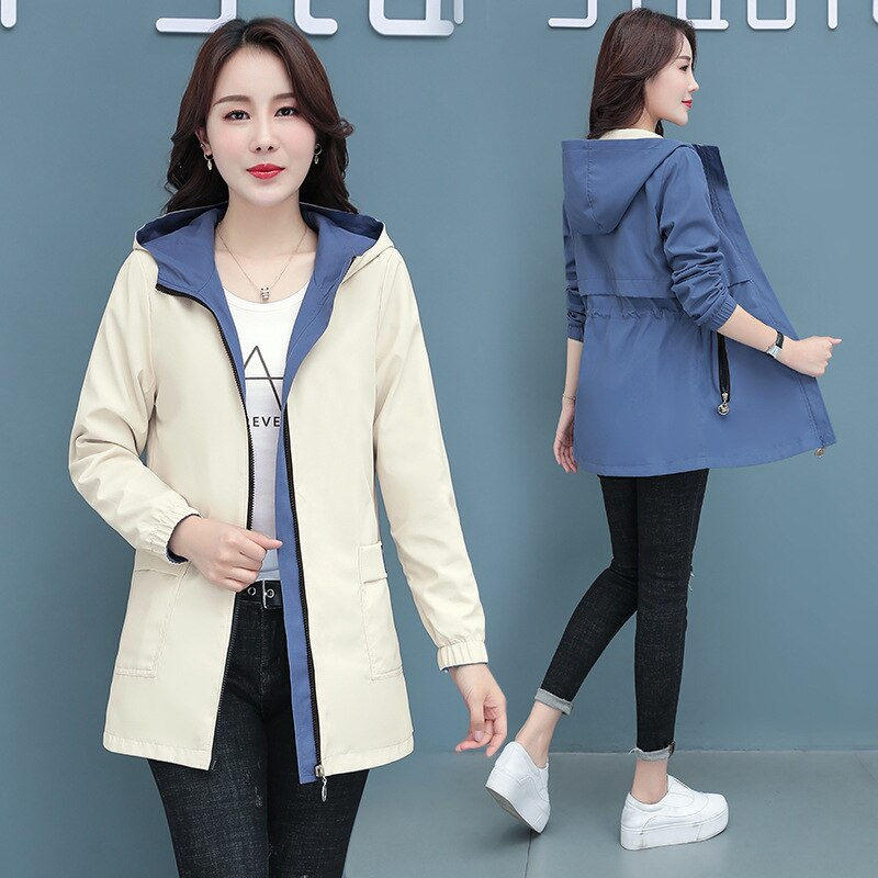 Miniature : Spring Autumn Loose Coat Double-sided Wear Trench Coat Mid-length Windbreaker