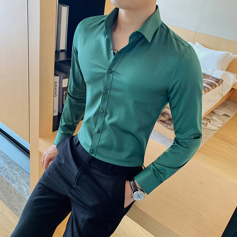 Miniature : British Style Long Sleeve Shirt Men Clothing Formal Wear Chemise Homme Slim Fit