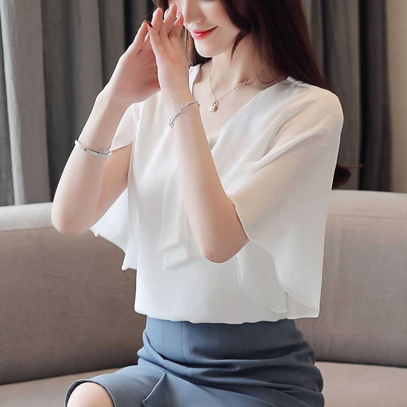 Miniature : Elegant V-Neck Butterfly Sleeve Tie Beading Loose Chiffon Summer Blouse