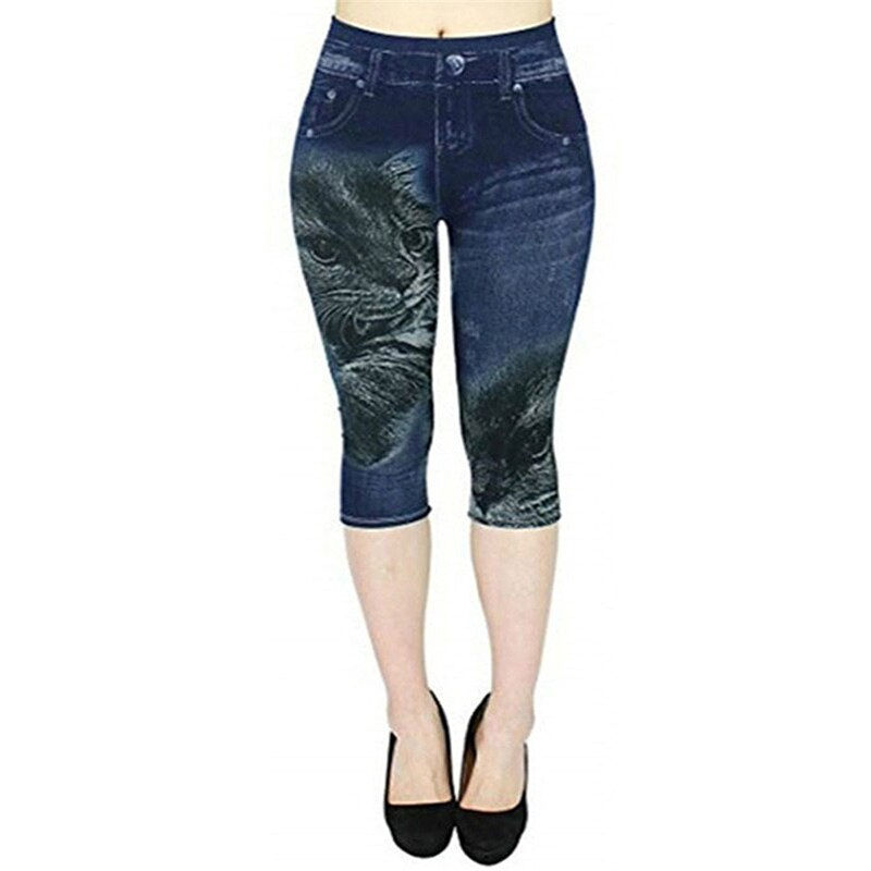 Miniature : High Waist Tights Capris Pockets Faux Jeans Slim Stretch Short Pencil Pants