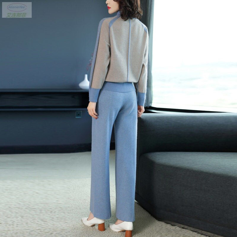 縮圖：Two-piece Female Suit Fashion Loose Sweater Tops Women Casual Wide Leg Pants