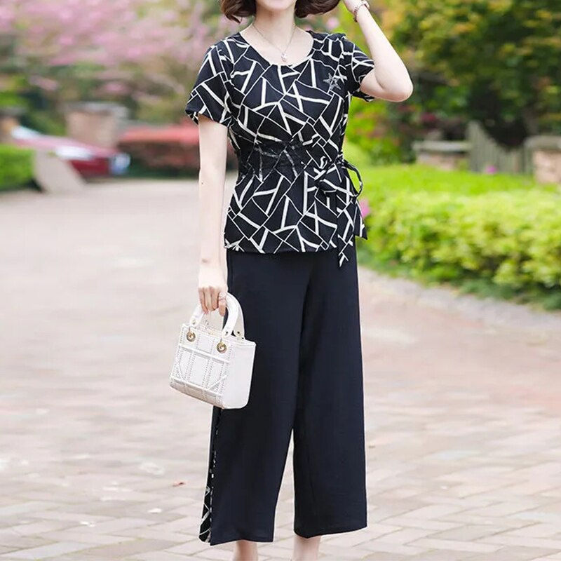 Miniature : Elegant Printing Sashes Pant Sets Vacation Short Sleeve O-Neck T-shirt and Pants
