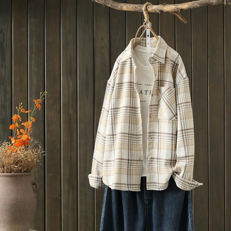 縮圖：Blouse Winter Loose Long Sleeve Plaid Shirt