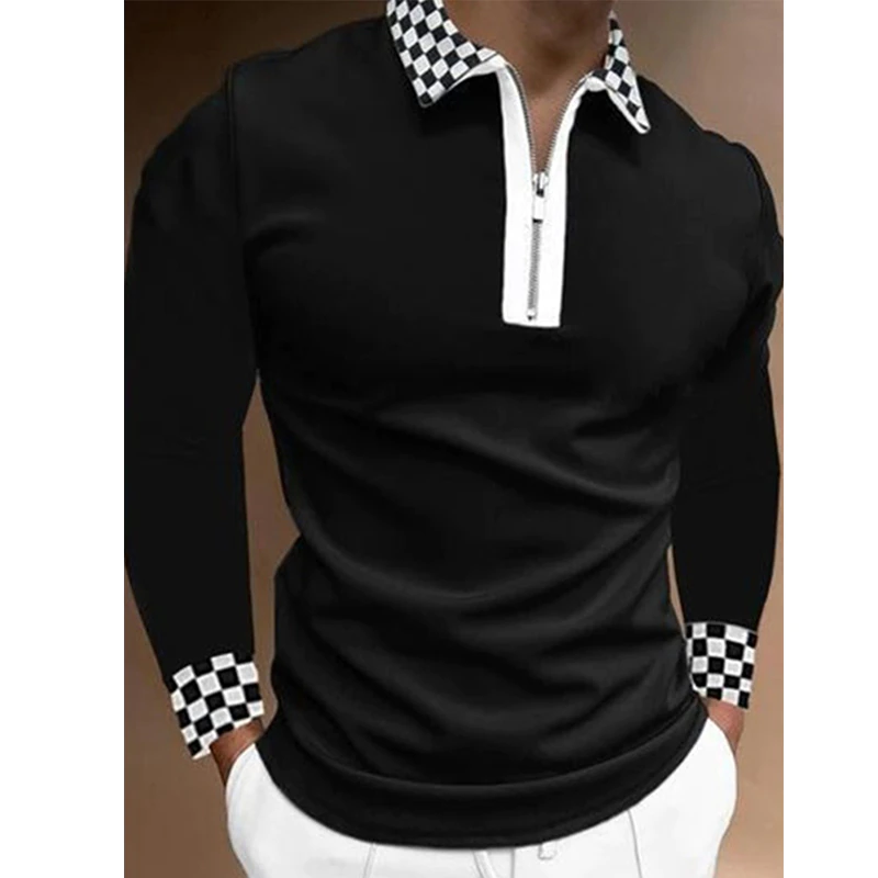 Miniature : Patchwork Striped Long Sleeve Tops Male Casual Zip-up Turn-down Collar Shirts 