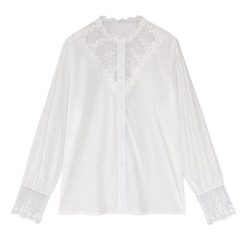 縮圖：Lace Patchwork Chiffon Vintage Korean Style Button Long Sleeved Blouses 