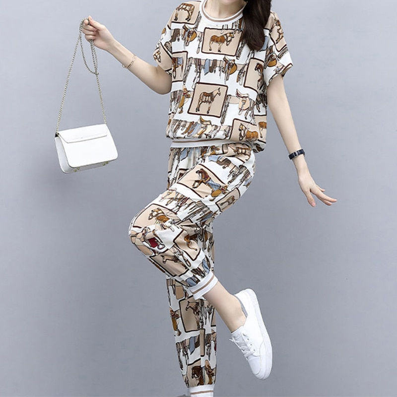 Thumbnail: Printing Screw Thread O-Neck Short Sleeve T-shirt Elastic Waist Long Pants Suit
