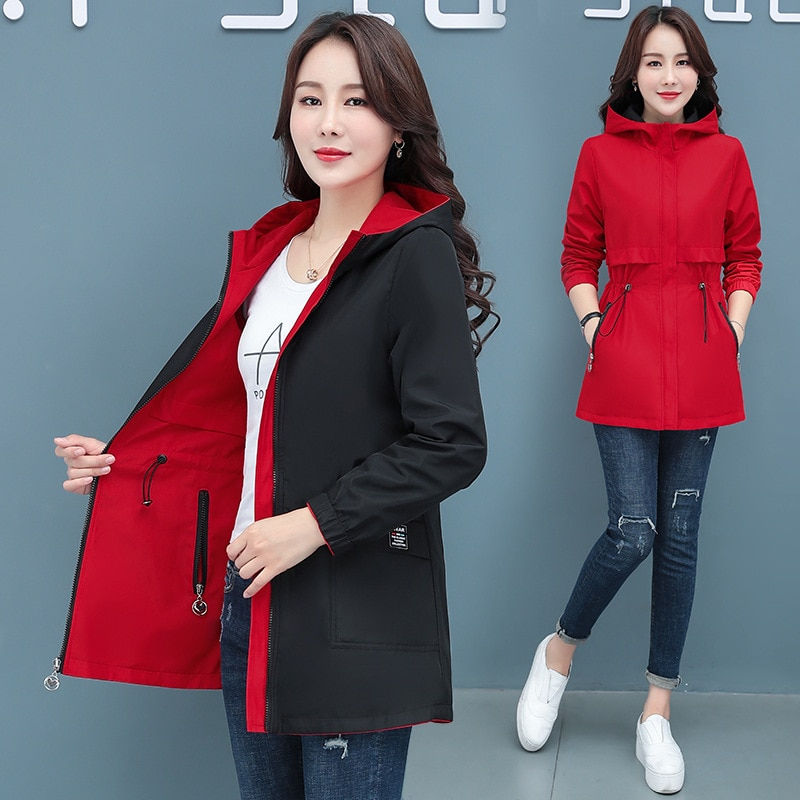 Miniature : Spring Autumn Loose Coat Double-sided Wear Trench Coat Mid-length Windbreaker