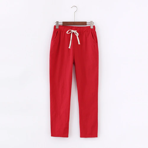 Thumbnail: Cotton Linen Pants Elastic Waist Loose Pants with Prockets