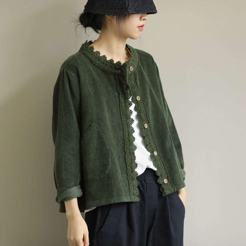 縮圖：Vintage Corduroy Shirt Jacket Lace Stitch Loose Autumn Ladies Coat O Neck