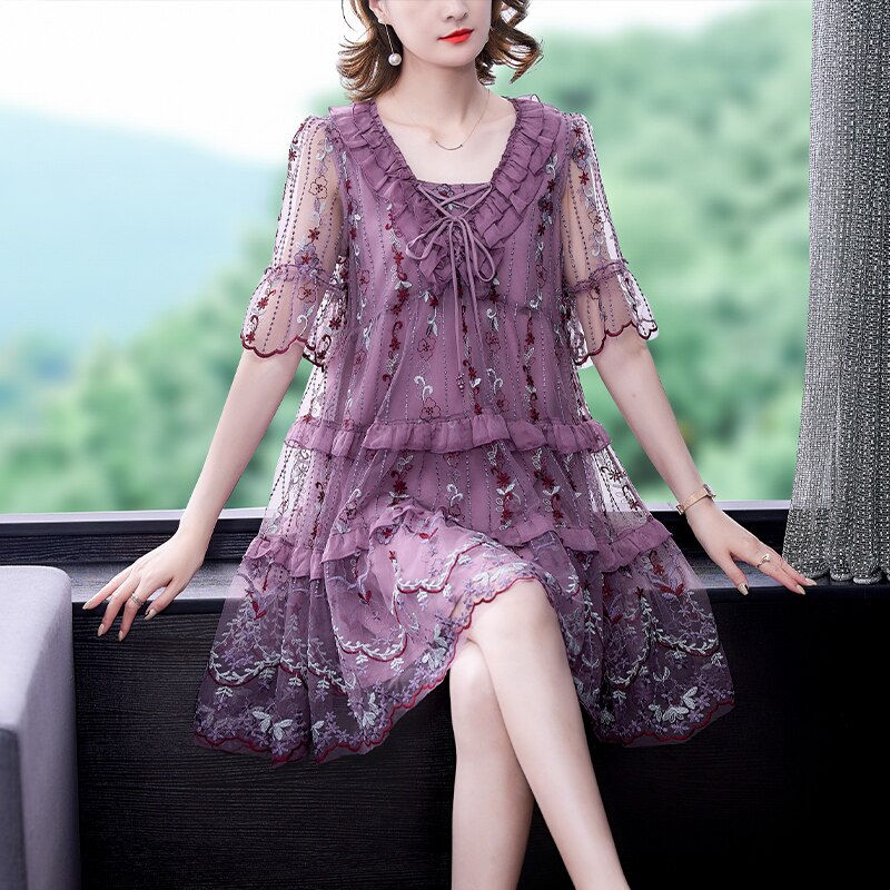 縮圖：Embroidery Mesh Hollow Out Sexy Midi Dress Women Casual Dress 